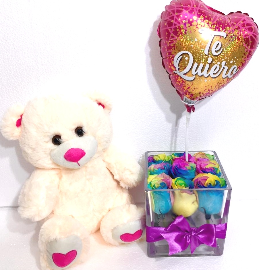 Cubo 9 Rosas Arcoiris más Peluche 26 cm y Globito